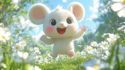 Naklejka premium a white mouse is running through a field of flowers