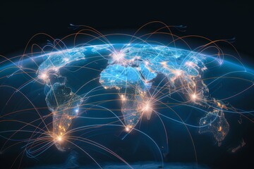 A visual representation of worldwide digital connections shows illuminated cities across continents with vibrant data pathways, highlighting global interconnectivity at night.