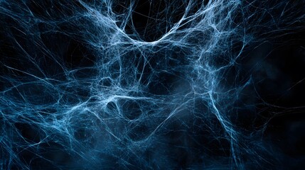 Blue Spider Web on Black Background, Abstract Image, Texture, Pattern Background, Wallpaper, Cover and Screen for Smartphone, PC, Laptop, 9:16 and 16:9 Format
