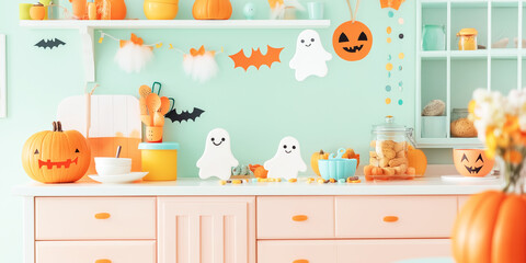 Festive showy halloween decorated kitchen, sage background