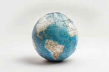 The colorful puzzle globe showcases Earth's continents and oceans, symbolizing learning and geography, placed on a plain background for a clear presentation.
