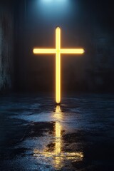 a cross is lit up in the dark