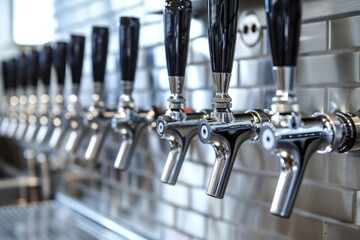 Fototapeta premium Row of beer taps on a metal wall