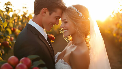 A romantic couple embraces in an orchard during sunset, capturing the essence of love and celebration in a beautiful setting.