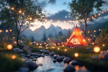 a campfire and a tent in the woods