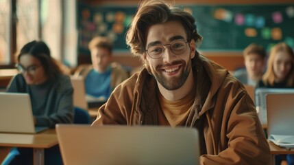 Fototapeta premium A person working on a laptop, great for office or technology concepts