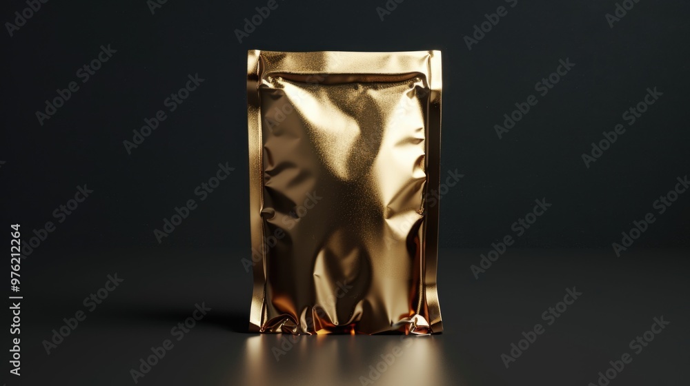 Poster a gold foil bag sits on a table, ideal for use in product photography or as a decorative element