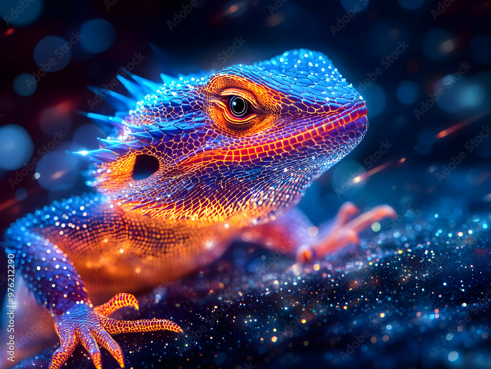 Poster a vibrant close-up of a colorful lizard showcasing its intricate textures and unique colors in a dre