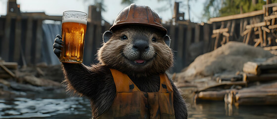 A cheerful beaver in a hard hat holding a beer, celebrating amid a picturesque wilderness setting near water and logs.