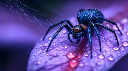 Close-up of a spider on a dewy purple leaf, showcasing intricate details and vibrant colors, perfect for nature and macro photography.