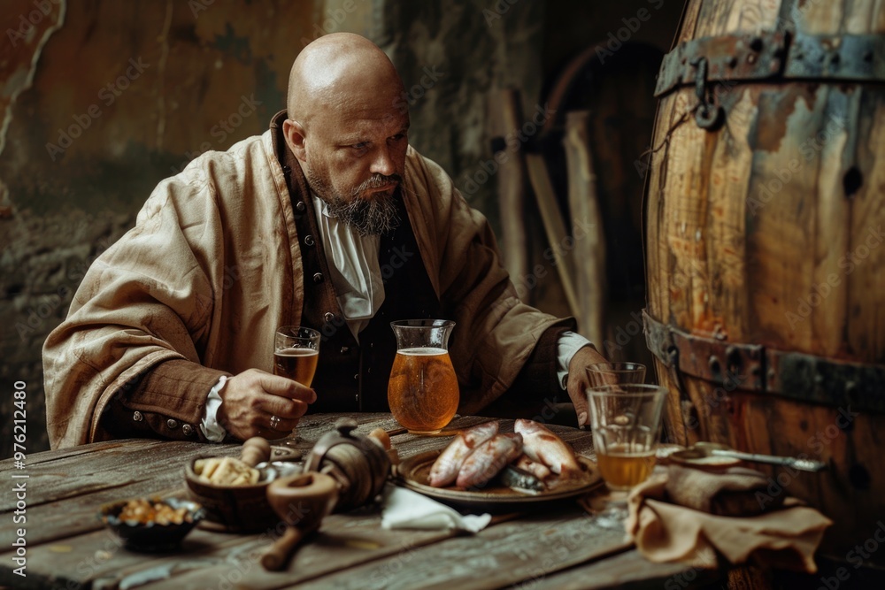 Poster a person sitting at a table with a glass of beer, perfect for use in bar or pub-themed projects