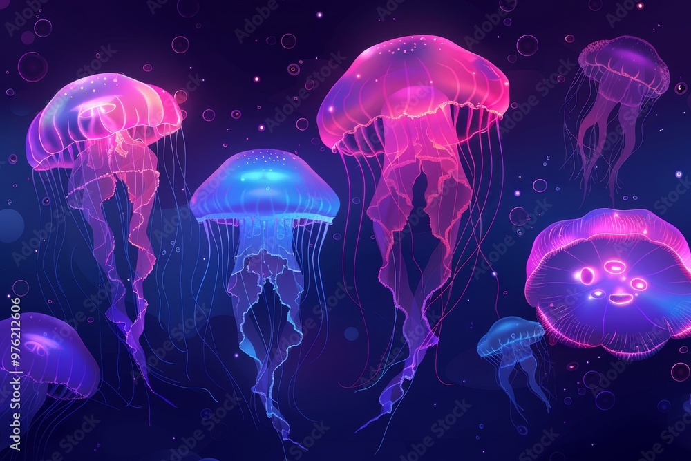 Poster a group of luminous jellyfish floats in dark waters, their vibrant colors creating a mesmerizing dis