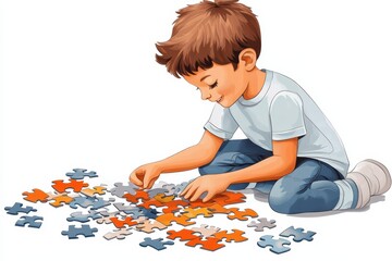 a boy is playing with puzzle pieces