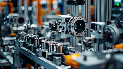 Naklejka premium Close-up of advanced robotics and automation systems in a smart factory setting, illustrating the cutting-edge machinery and technological innovations driving the future of industrial engineering