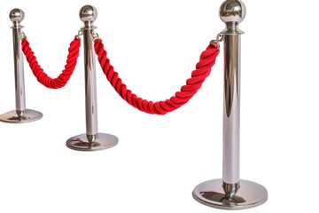 A red rope is tied to a silver pole, suitable for decoration or display purposes