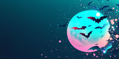 Holographic moon with bats in teal, pink, and silver, dark background, Halloween theme
