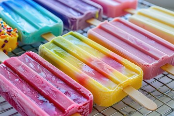 Close-up of colorful popsicles on rack. This photo shows a selection of refreshing frozen treats, perfect for summer.