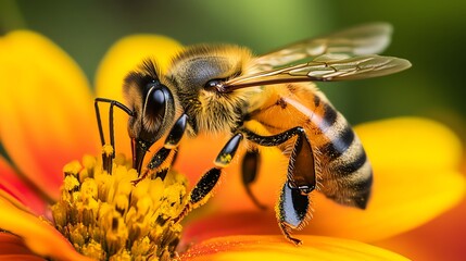 Fototapeta premium Close-up of a honeybee pollinating a flower.