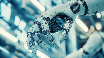 Close-up of robotic arms manipulating components, high-tech metallic surfaces, sharp focus