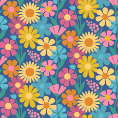 Vibrant floral pattern with stylized yellow daisies, pink, red, blue and purple flowers, green leaves and stems in a repeating vertical design on deep blue background in a playful, retro aesthetic.