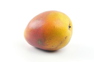 A solitary mango fruit sitting on a plain white background
