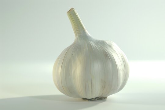 A detailed view of a single garlic bulb on a plain white background