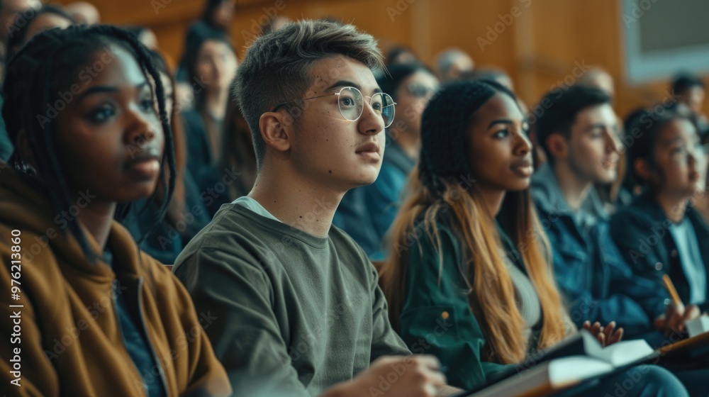 Poster People seated in a lecture hall, engaged in learning