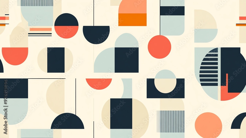 Aufkleber abstract geometric pattern with circles, squares, and rectangles in muted colors.