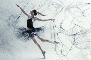 Obraz premium A woman in a black dress is jumping in mid-air, capturing a moment of dynamic movement