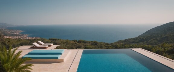 Fototapeta premium A beautiful white house with a refreshing pool in front