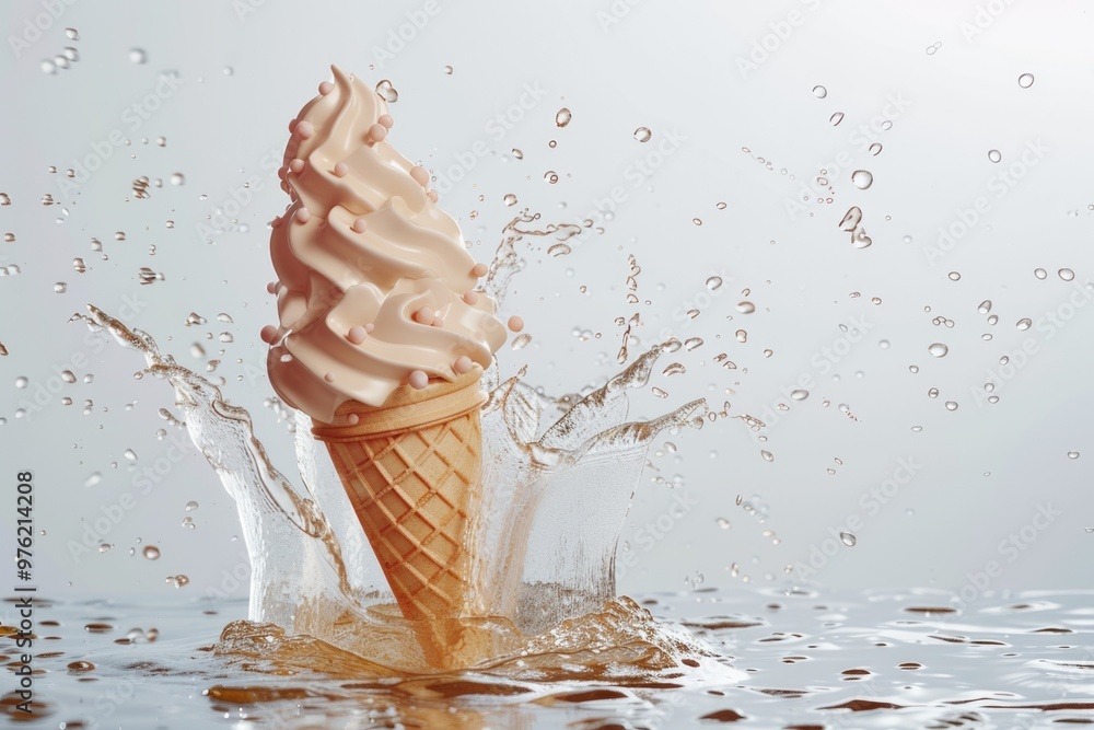 Poster a colorful ice cream cone sinking into a calm body of water with ripples and reflections
