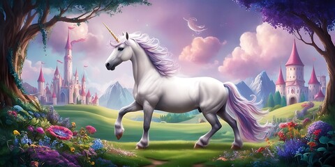 Enchanted Unicorn in Magical Forest: Dreamy Fantasy Landscape with Pastel Mushrooms, Kids Dream
