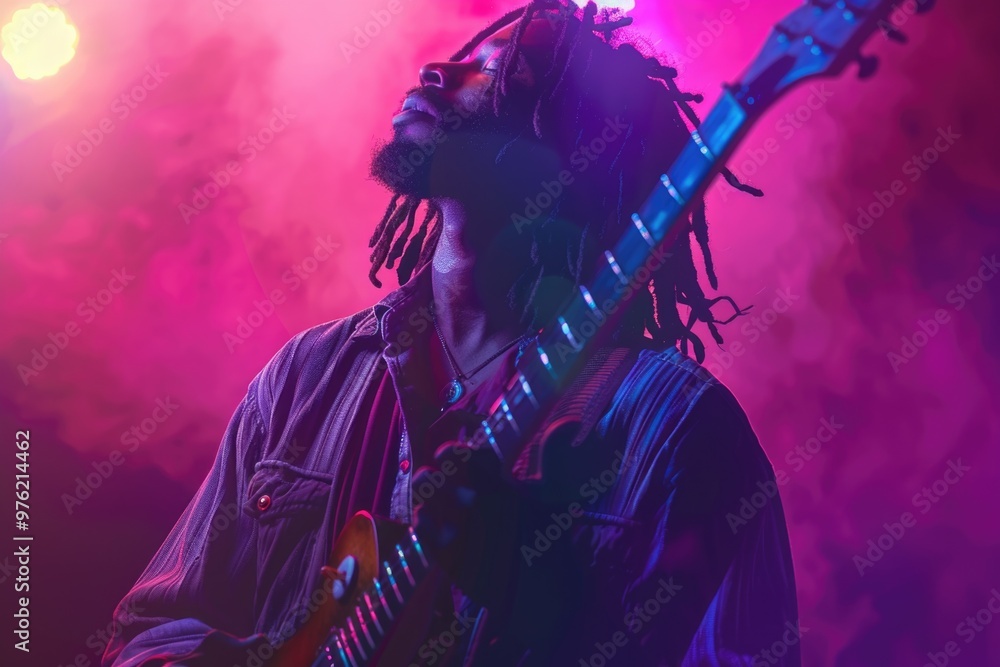 Poster A person playing guitar while having dreadlocks, suitable for music-related uses