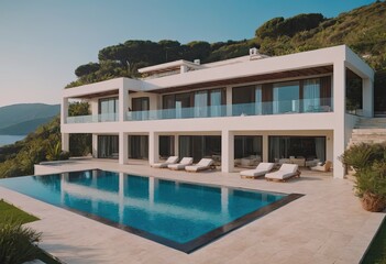 A beautiful white house with a refreshing pool in front