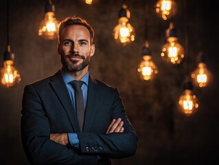 Confident businessman with vintage light bulbs in stylish ambient setting