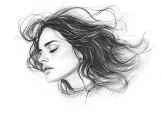 Serene woman with flowing hair: captivating pencil art sketch