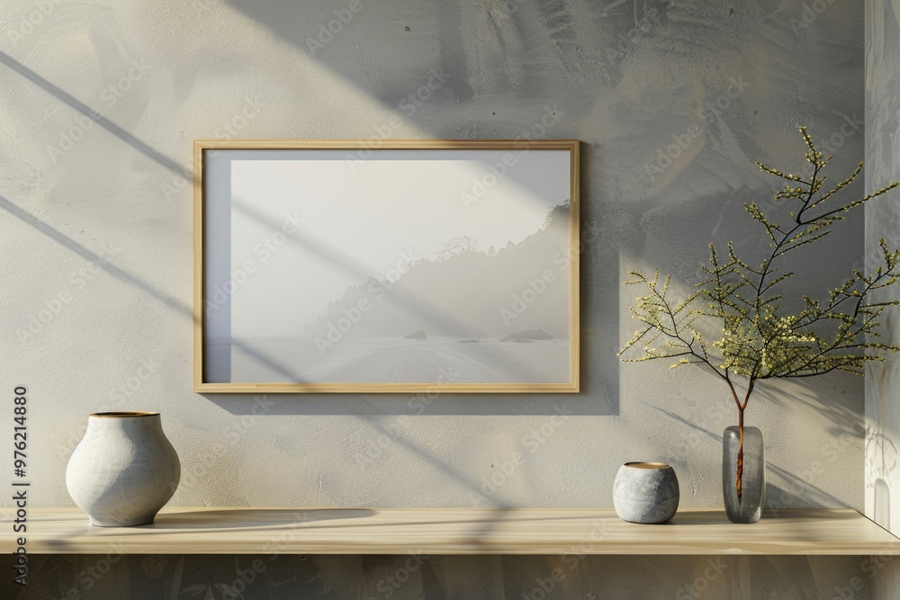 Poster two vases sit on a shelf in front of a picture