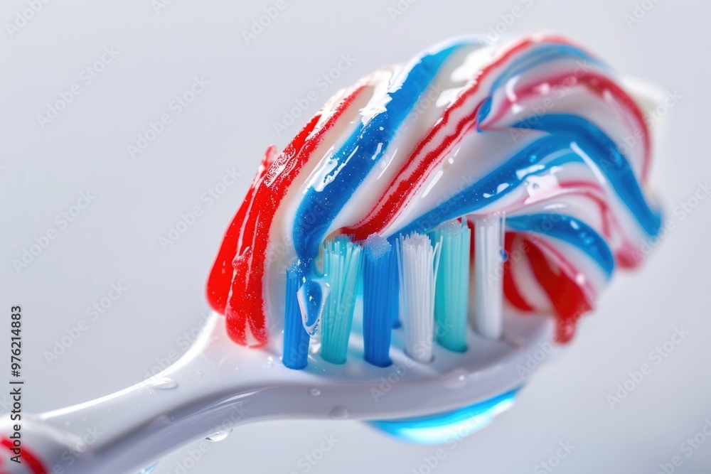 Poster a close-up shot of a toothbrush with toothpaste applied, ideal for use in illustrations about oral h