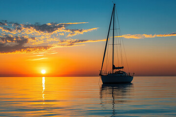 Segelschiff mit Sonnenuntergang im Hintergrund