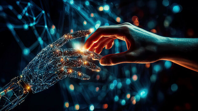 Detailed shot of human hand meeting robotic hand, big data network illuminating the background, science and AI innovation, ultra-realistic, crisp lighting