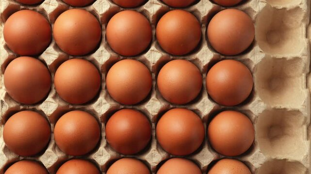Fresh chicken eggs are placed in cardboard cells. Stop motion. GMO FREE product. Perfectly laid golden brown eggs. Organic farm food. Zoom out and zoom in. Close-up
