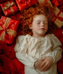 Curly-haired girl drifts dreams embraced quiet calm. Red curly hair frames her cherubic face slumberous harmony. Depiction of pure untainted serenity and peace.