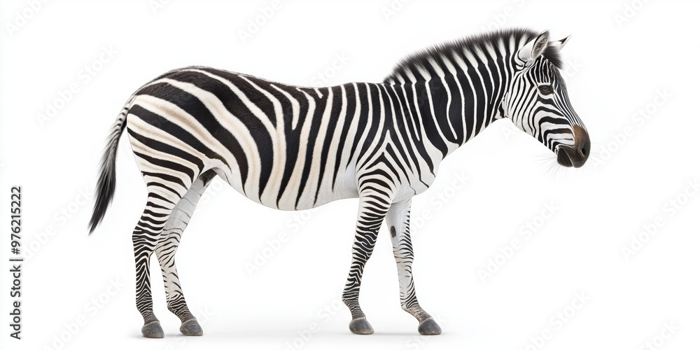 Poster a zebra is standing on a white background. the zebra is the main focus of the image, and it is looki