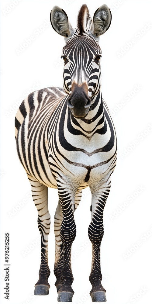 Poster a zebra is standing in front of a white background. the zebra is the main focus of the image, and it