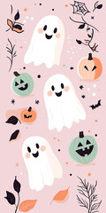 Naklejka premium Cute Halloween vertical illustration with cute ghost and jack o lantern pumpkin