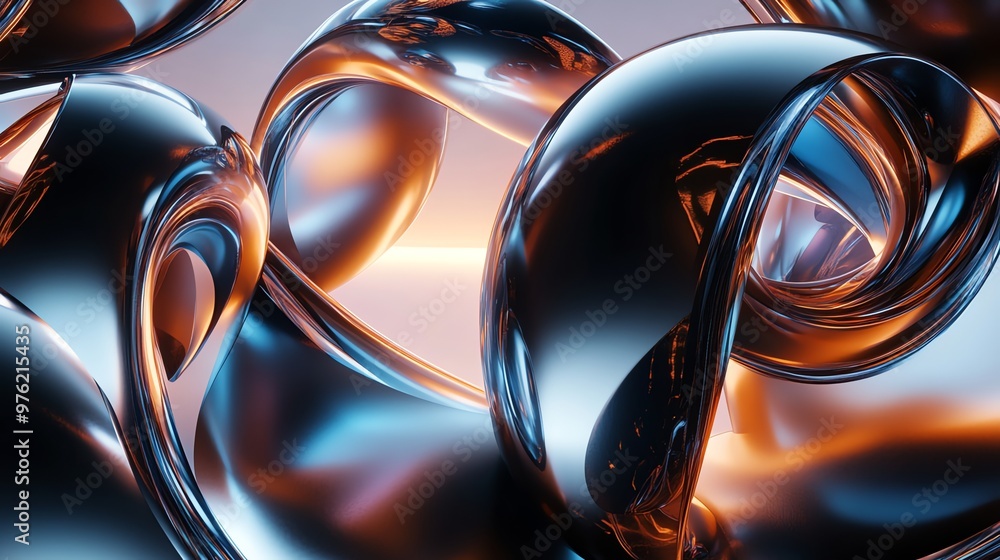 Poster abstract metallic forms with a blue and orange color scheme.