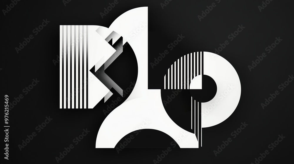 Poster abstract design of overlapping geometric shapes in white on a black background.