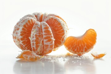 A close-up shot of a peeled orange on a white surface, great for food and still life photography