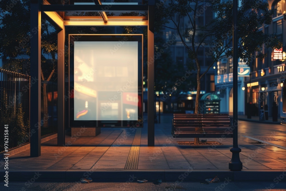 Poster a bus stop at night with a blank billboard