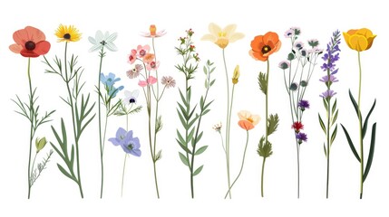 Fototapeta premium Vibrant flowers of various colors on a clean white surface
